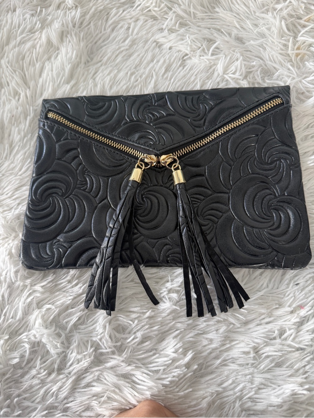 Leather Embossed Tassels Zipper Clutch and Crossbody